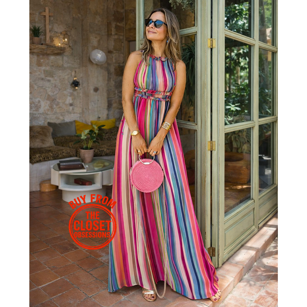 MANGO Resort Stripe Halter Maxi Vacation Dress NWT
